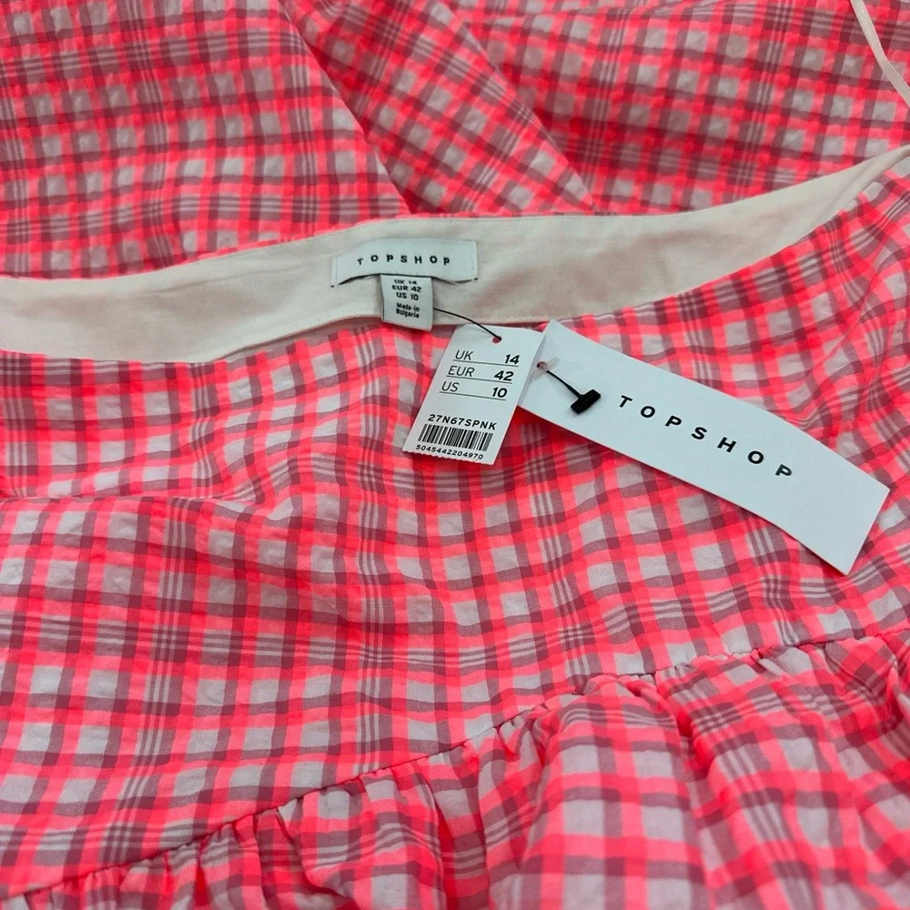 NWT Top Shop Seersucker Bright Pink Gingham Neon Maxi Skirt Sze 10 Drop Waist - Picture 5 of 8